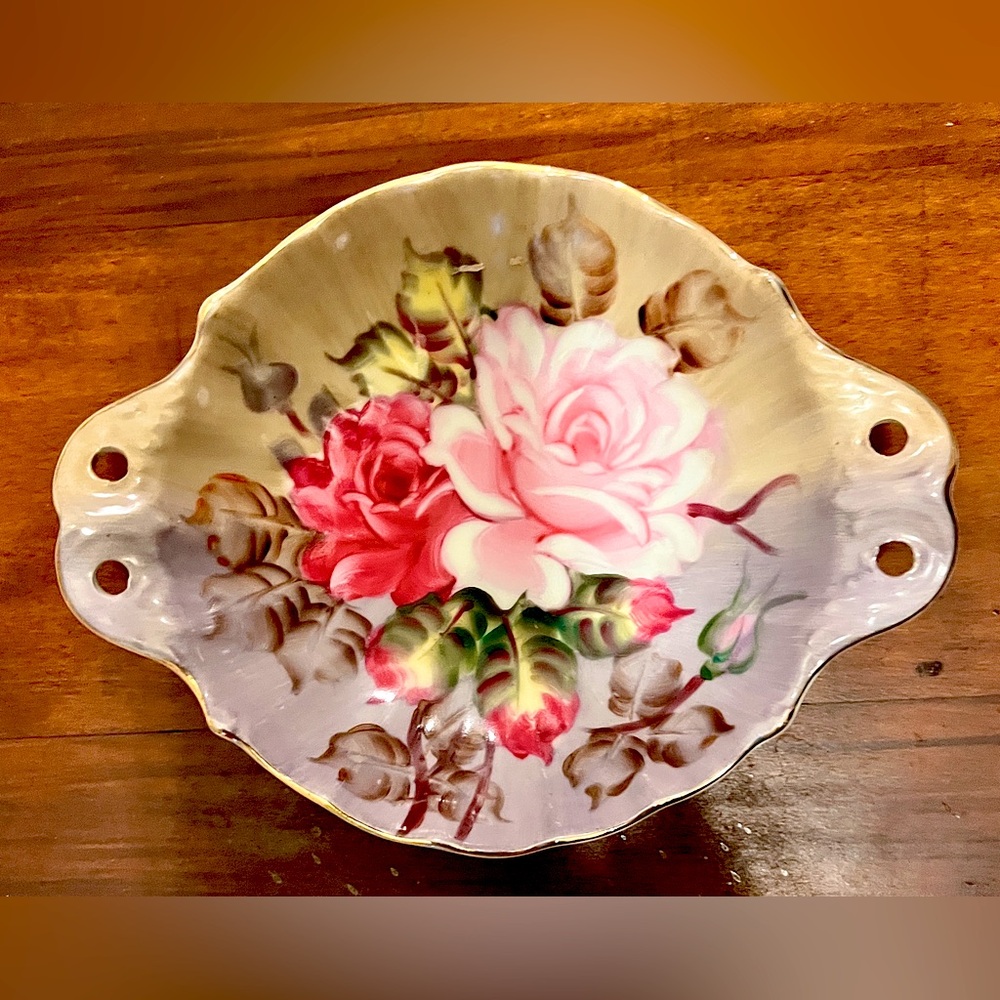 Lefton NE20127B Bon Bon Dish Pierced Handle Hand Painted Pink Roses Trinket 50s